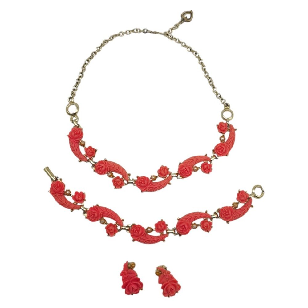 Vintage 1950s Carved Coral Celluloid Roses Necklace Set Earrings Bracelet